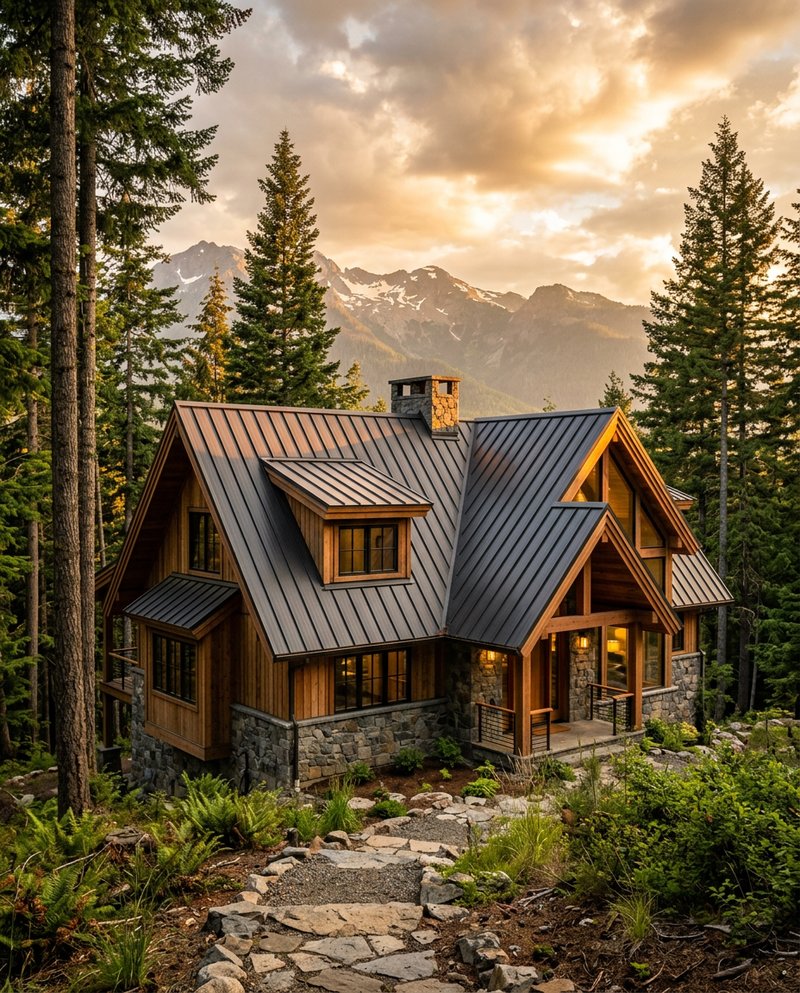 Modern Pacific Northwest mountain home with a charcoal standing-seam metal roof — the kind of project Caliber supplies