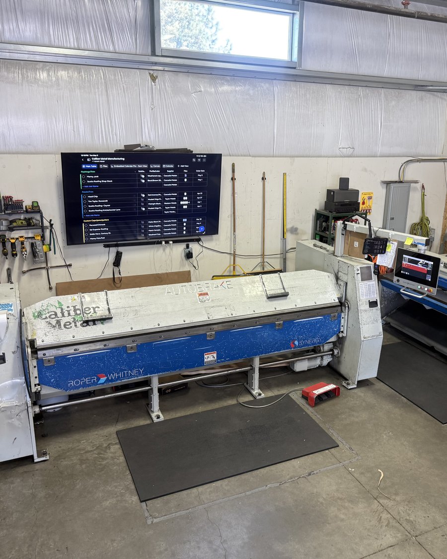 Caliber's Roper Whitney trim brake press with the live job-status monitor in the Bend shop
