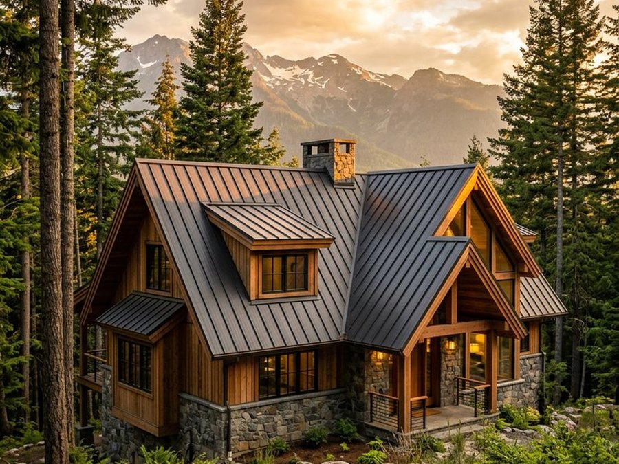 Pacific Northwest mountain home with a charcoal standing-seam metal roof at golden hour