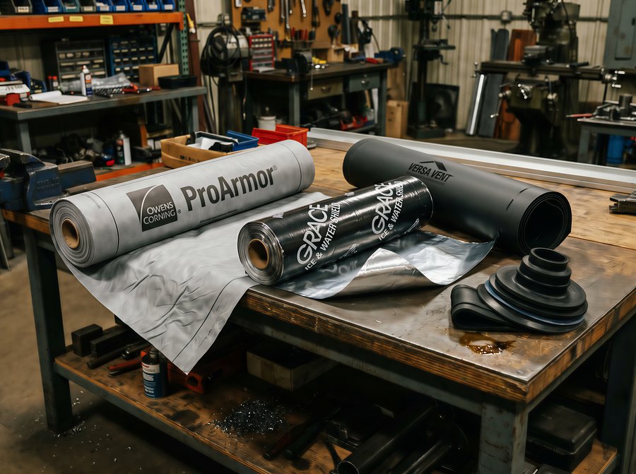 Rolls of synthetic underlayment, ice and water shield, Versa Vent ridge venting, and pipe boots on a workbench in the Caliber shop